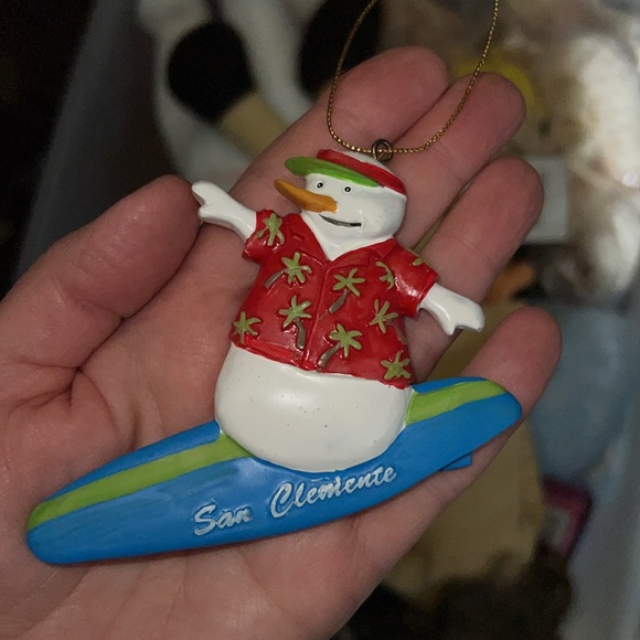 Snowman on a surfboard Christmas ornament San Clemente Vintage Kurt S Adler art - Picture 3 of 9